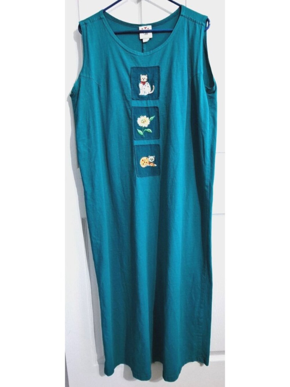 Vintage Heartland Women's XL Sleeveless Teal Green Embroidered Cats Maxi Dress